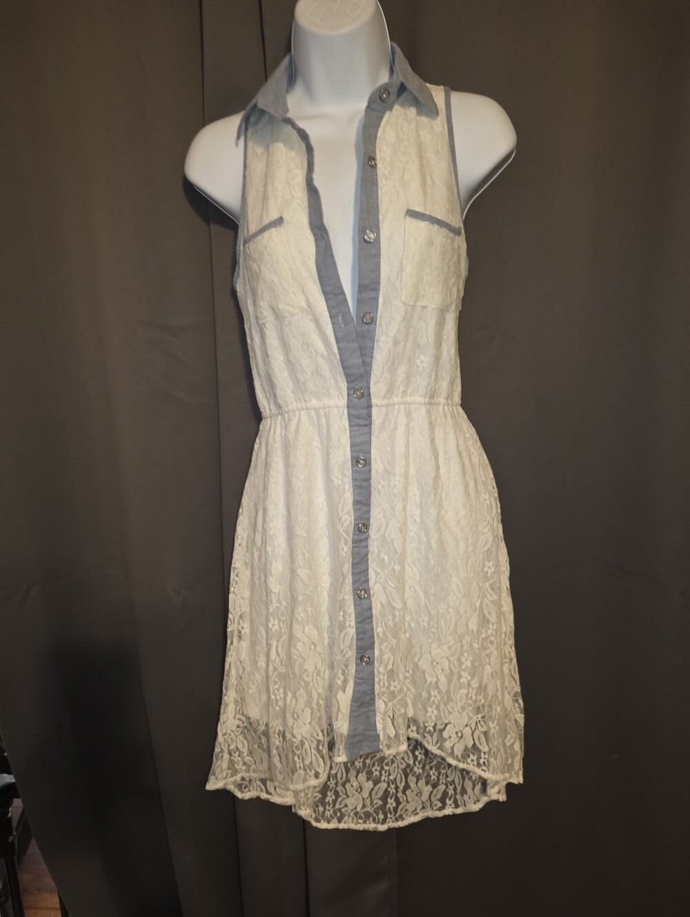 HeartSoul White Lace High-Low Shirt Dress with Chambray Trim